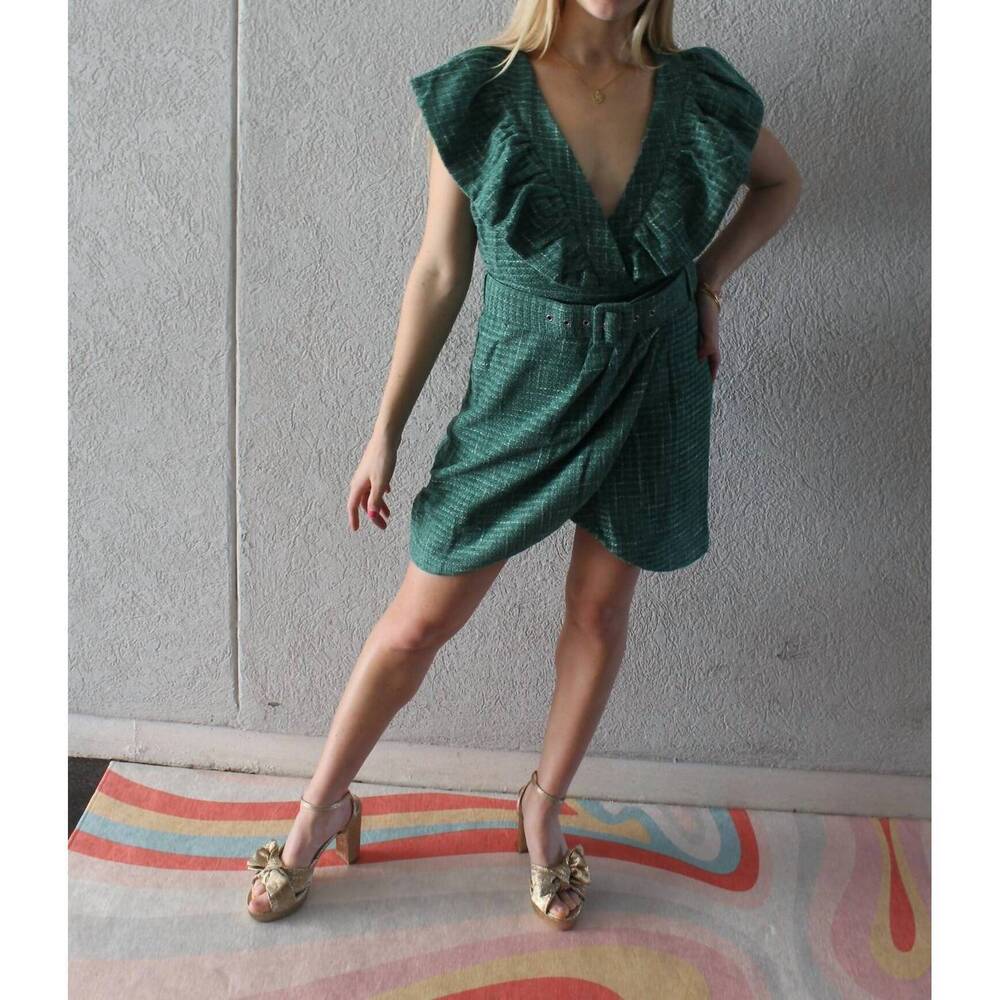 NEW NEON BLUSH ruffle point tweed mini dress in green